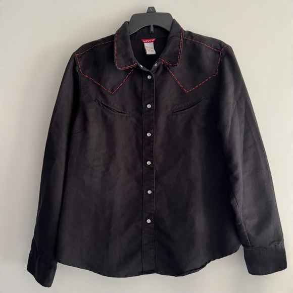 Levis Womens Faux Suede Western Pearl Snap Button Up Shirt Red Stitch Equestrian - Picture 2 of 10